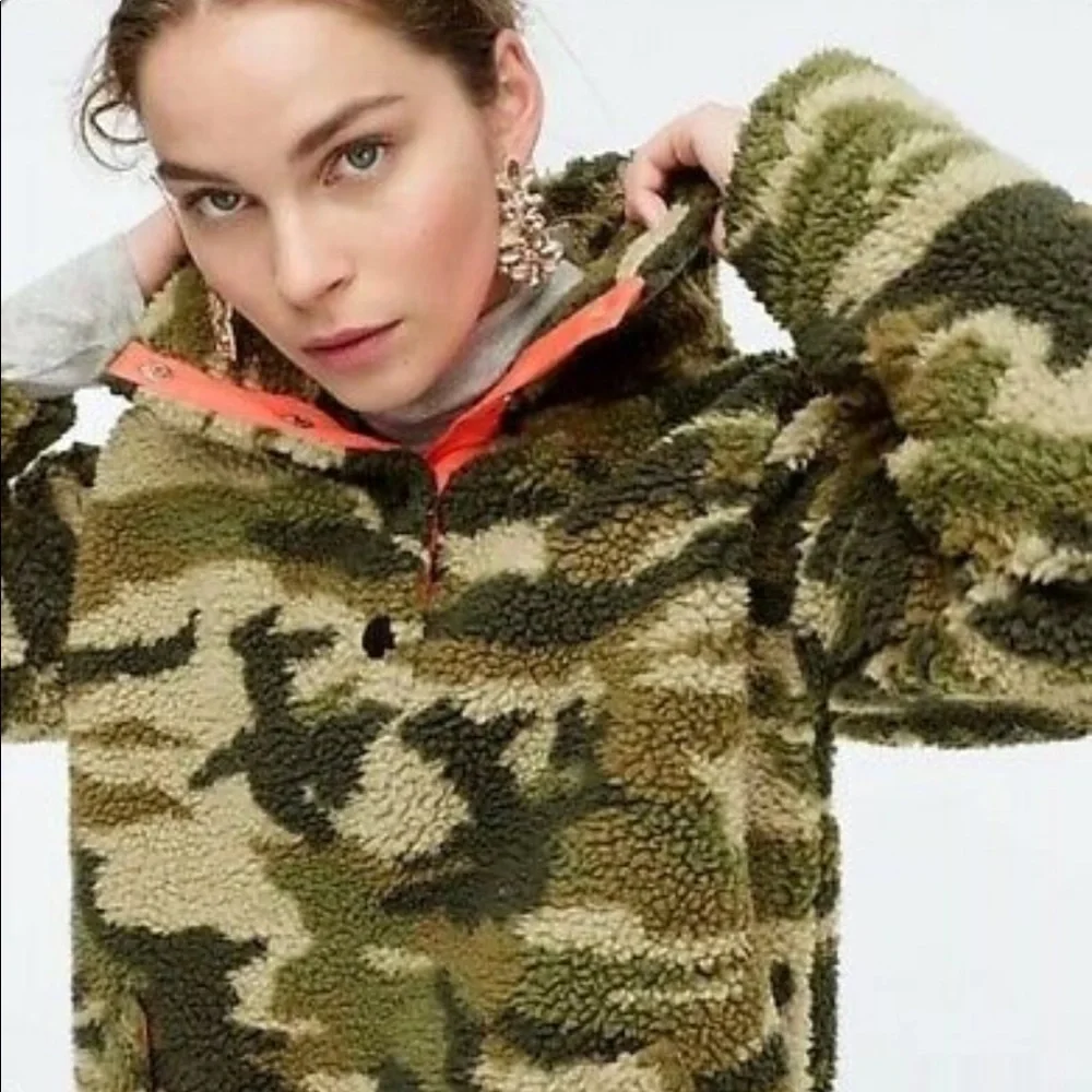 J. Crew Vintage Sherpa Fleece Pullover Jacket Camo Camouflage Olive Army Green
